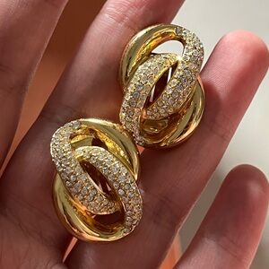 Vintage Christian Dior Classic Chain Knot Rope Rhinestone Gold Clip-On Earrings